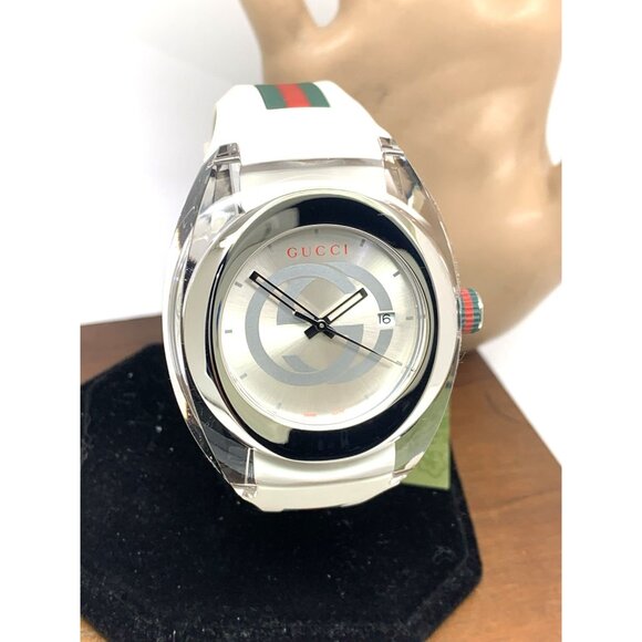 GUCCI Men's Watch SYNC YA137102 Swiss Quartz Clear Case White Rubber Band 46mm - Picture 13 of 14